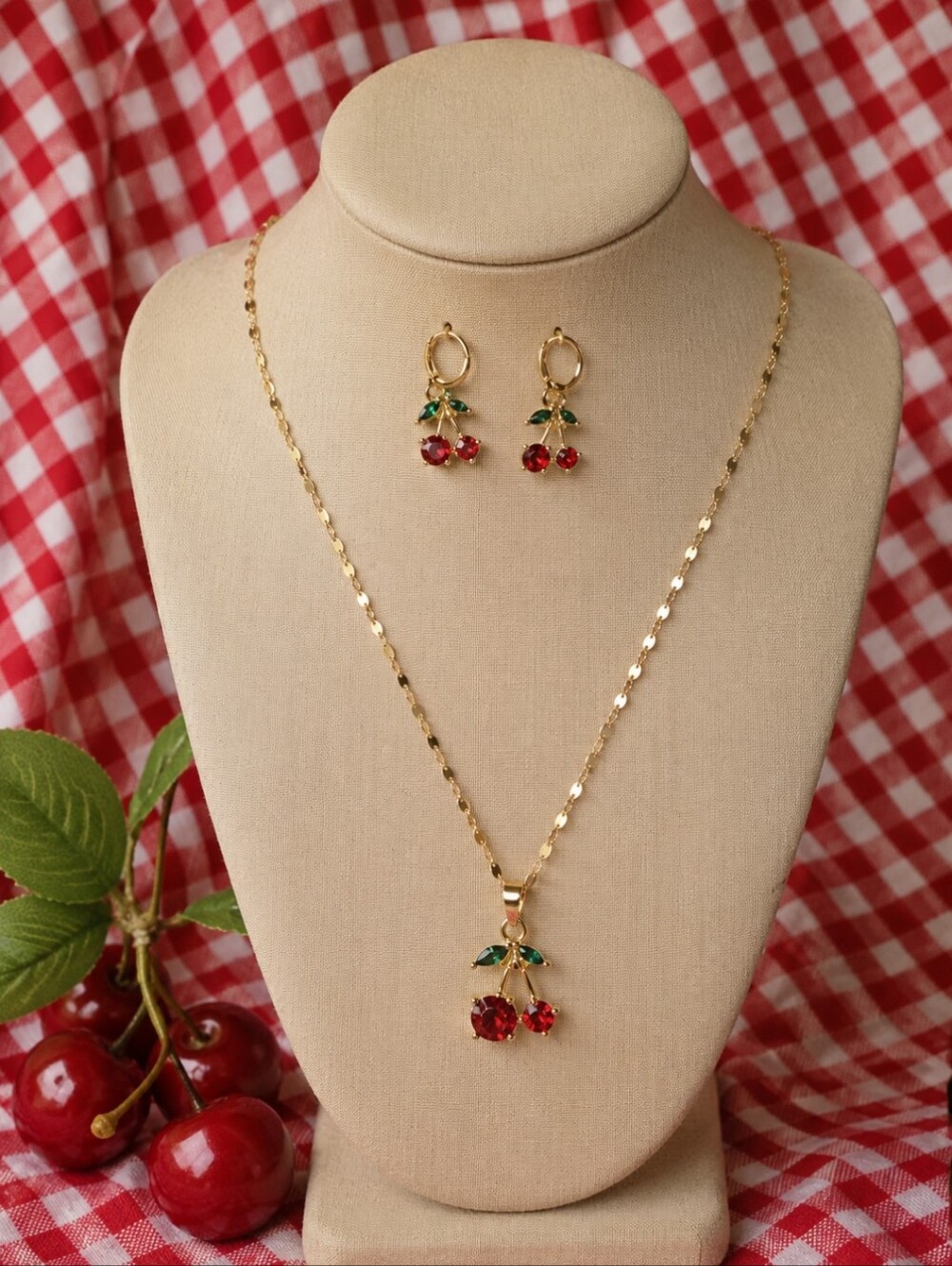 Cherry Rhinestone Necklace And Earring Set - Picture 2 of 2